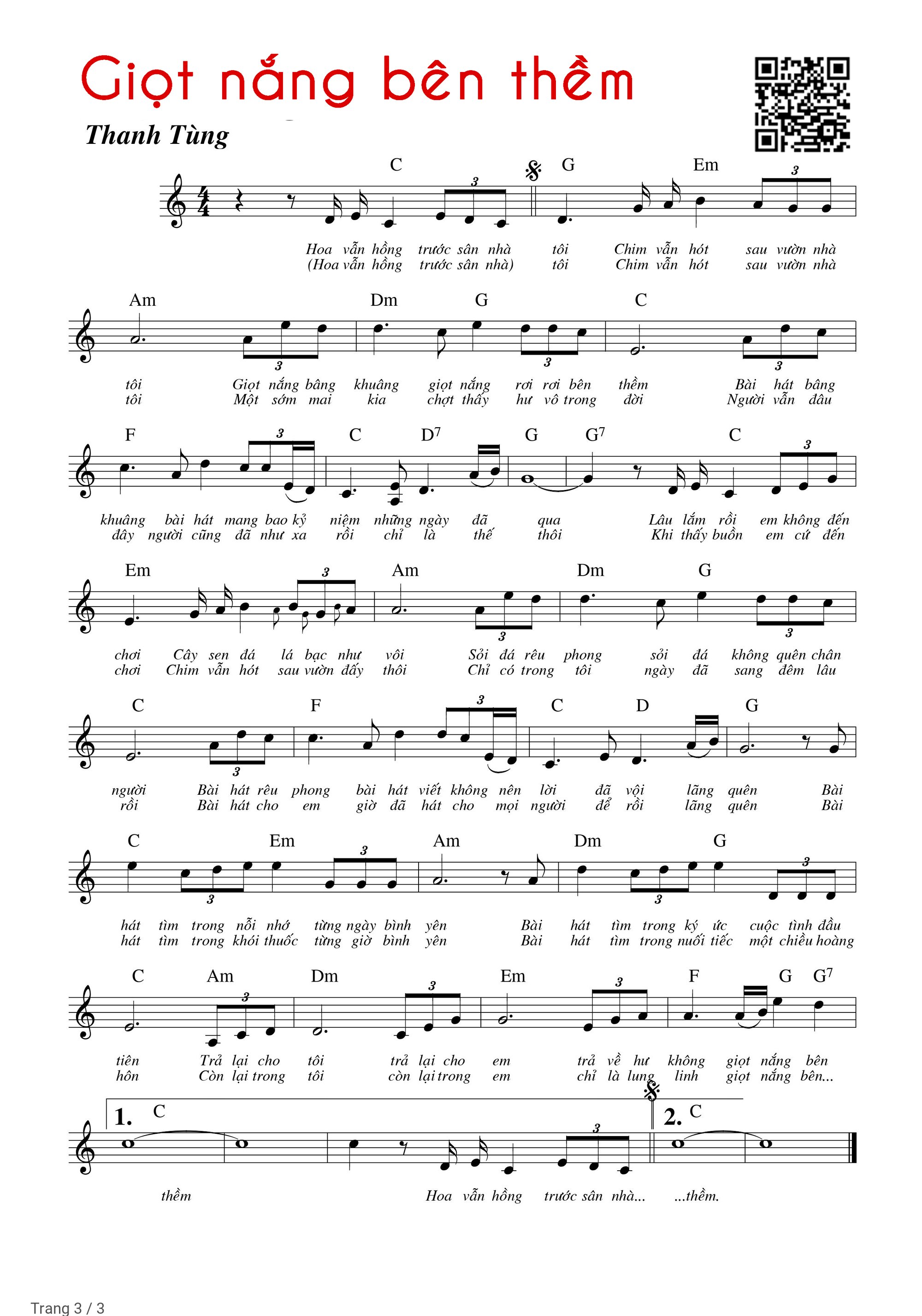 Trang 3 của Sheet nhạc PDF Piano bài hát Giọt nắng bên thềm - Thanh Tùng
