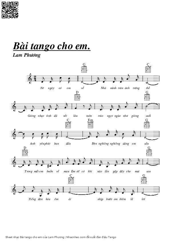 Sheet nhạc Bài tango cho em - Lam Phương
