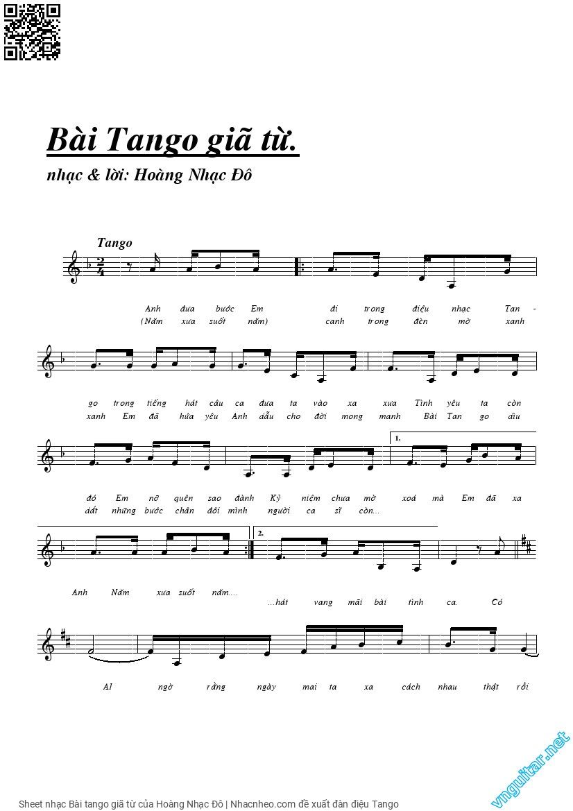 Sheet nhạc Bài tango giã từ - Hoàng Nhạc Đô