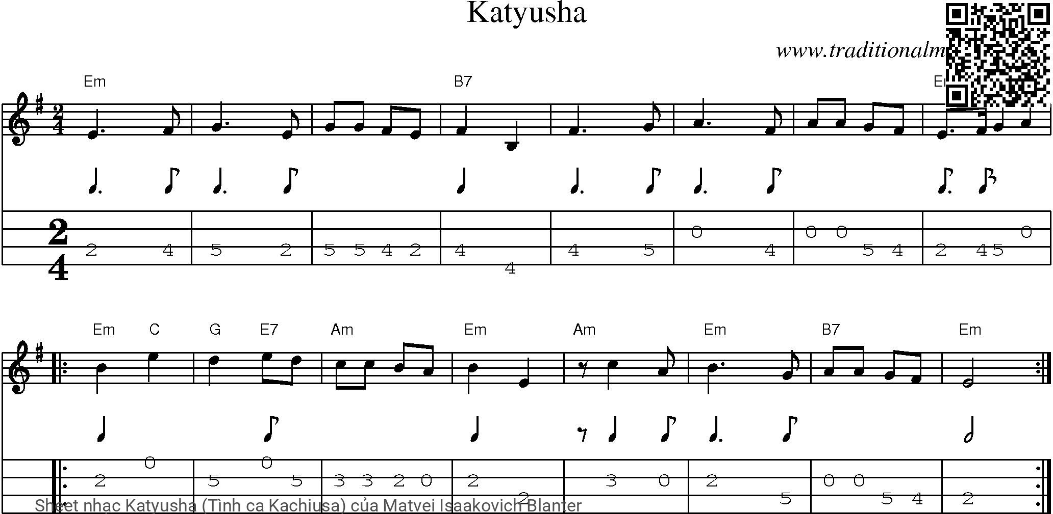 Sheet nhạc Katyusha (Tình ca Kachiusa)