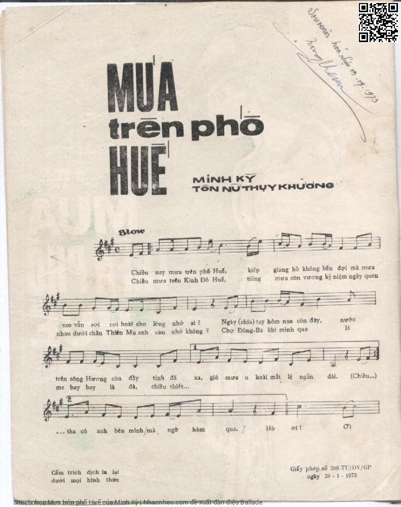Sheet nhạc Mưa trên phố Huế - Minh Kỳ