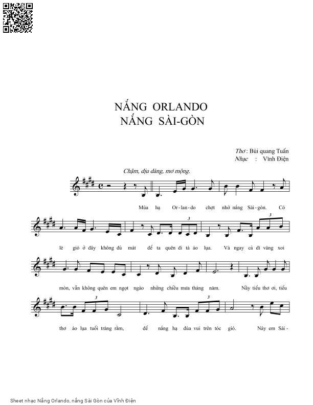 Sheet nhạc Nắng Orlando, nắng Sài Gòn