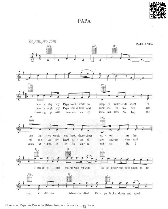 Sheet nhạc Papa - Paul Anka
