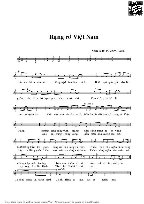 Sheet nhạc Rạng rỡ Việt Nam - Quang Vinh