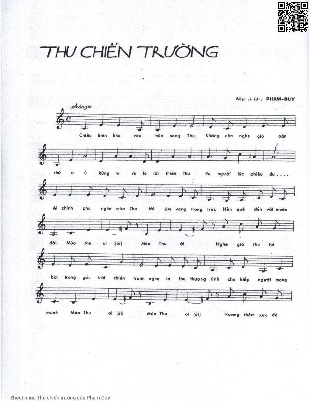 Sheet nhạc Thu chiến trường - Phạm Duy