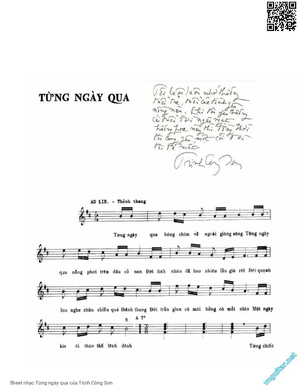 Sheet nhạc Từng ngày qua - Trịnh Công Sơn