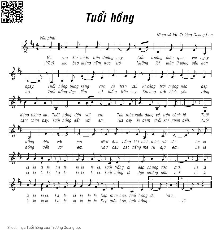 Sheet nhạc Tuổi hồng - Trương Quang Lục