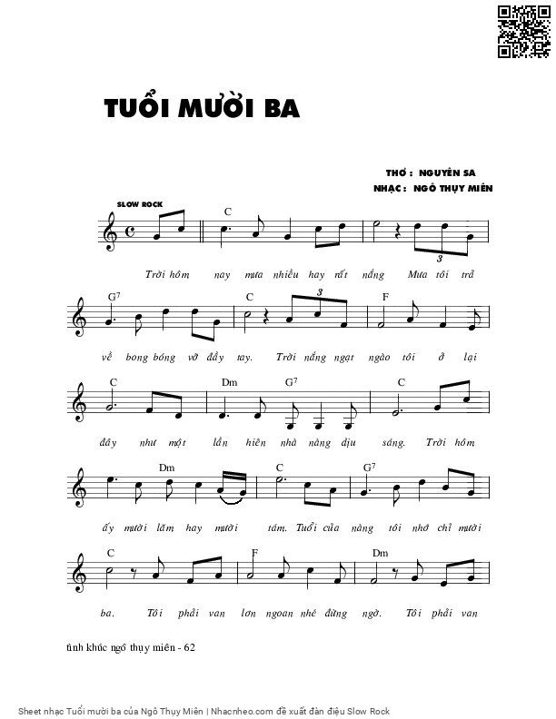 Sheet nhạc Tuổi mười ba - Ngô Thụy Miên