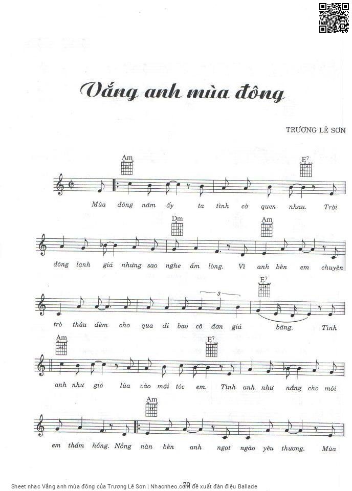 Sheet nhạc Vắng anh mùa đông - Trương Lê Sơn