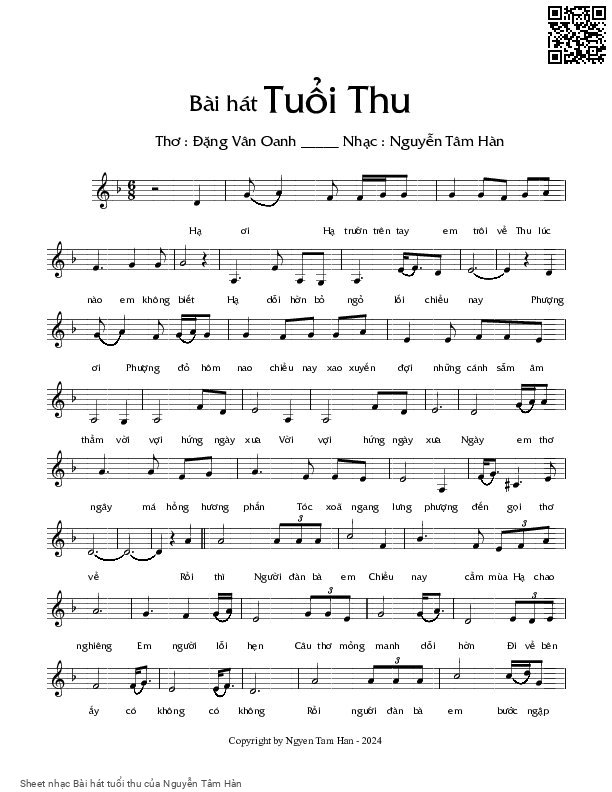 Sheet nhạc Bài hát tuổi thu - Nguyễn Tâm Hàn