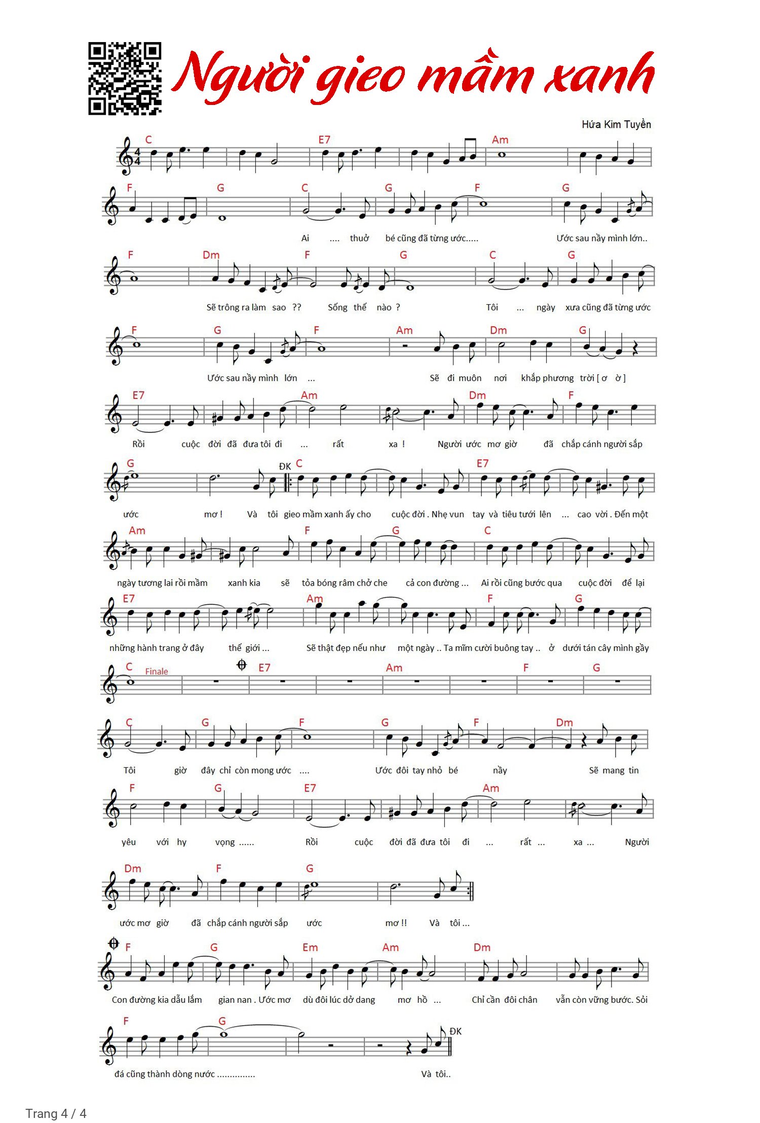 Trang 4 của Sheet nhạc PDF Piano bài hát Người gieo mầm xanh - Hứa Kim Tuyền