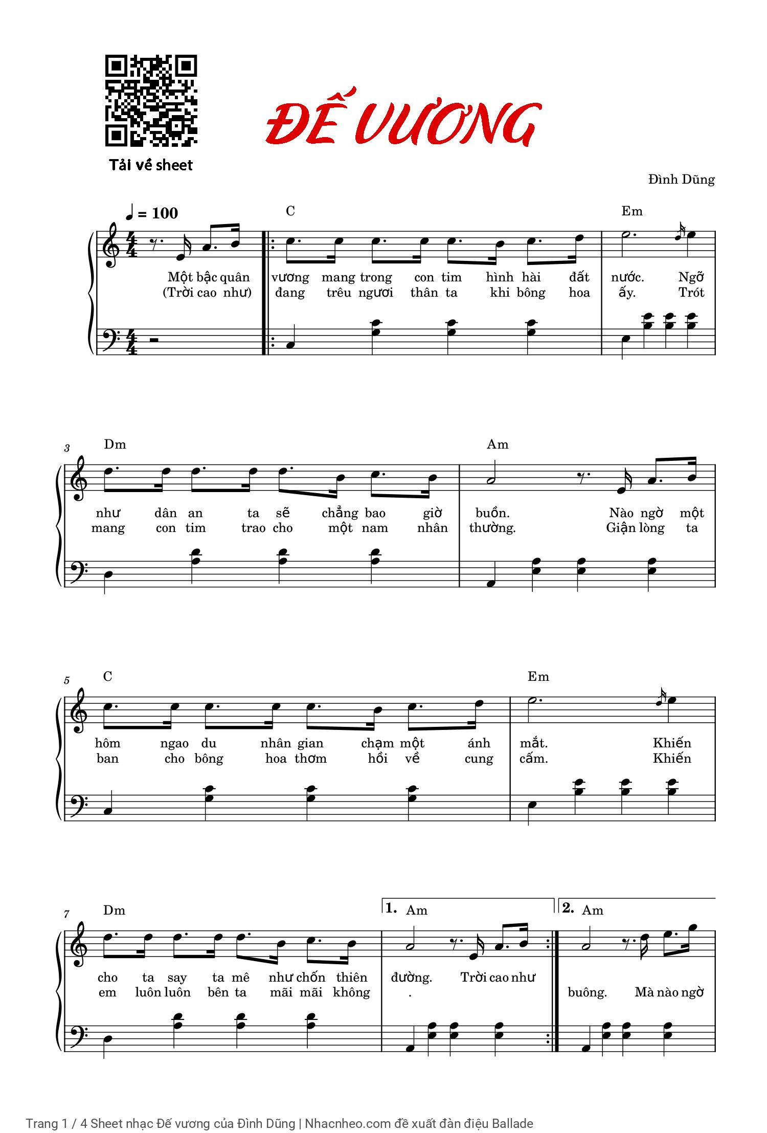 Trang 1 của Sheet nhạc PDF Piano bài hát Đế vương - Đình Dũng