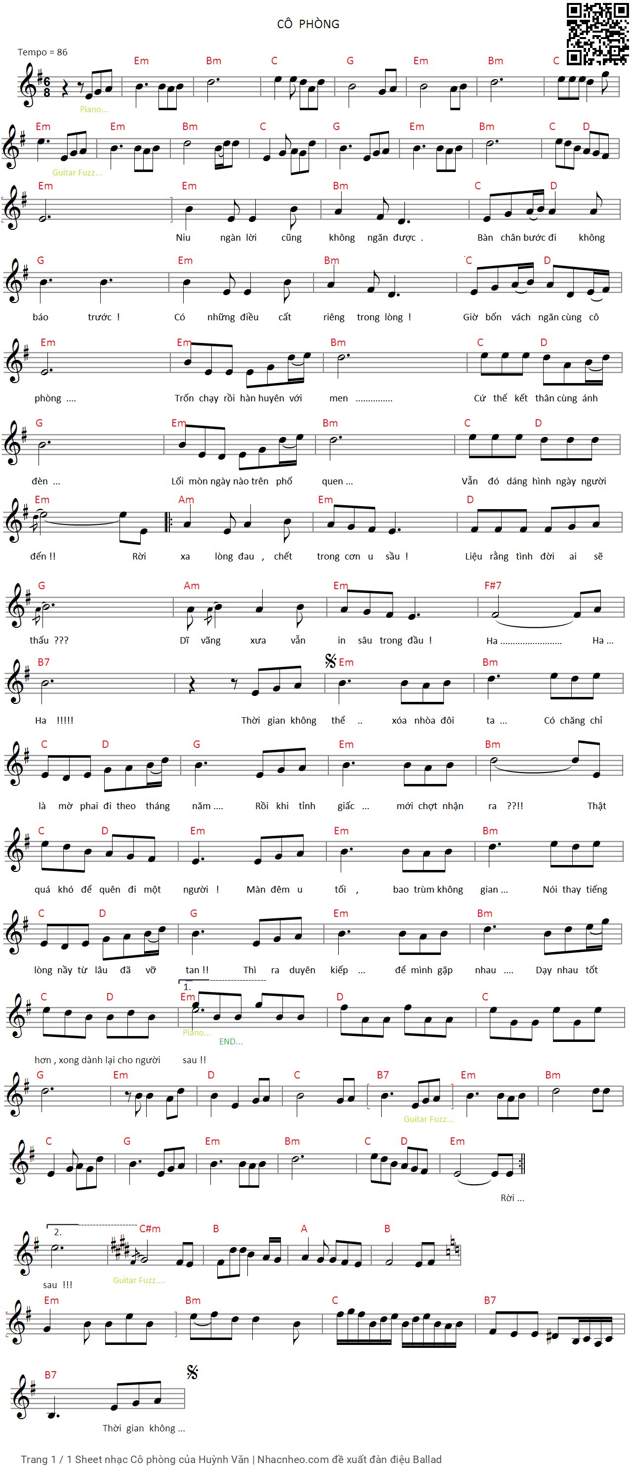 Trang 1 của Sheet nhạc PDF bài hát Cô phòng - Huỳnh Văn