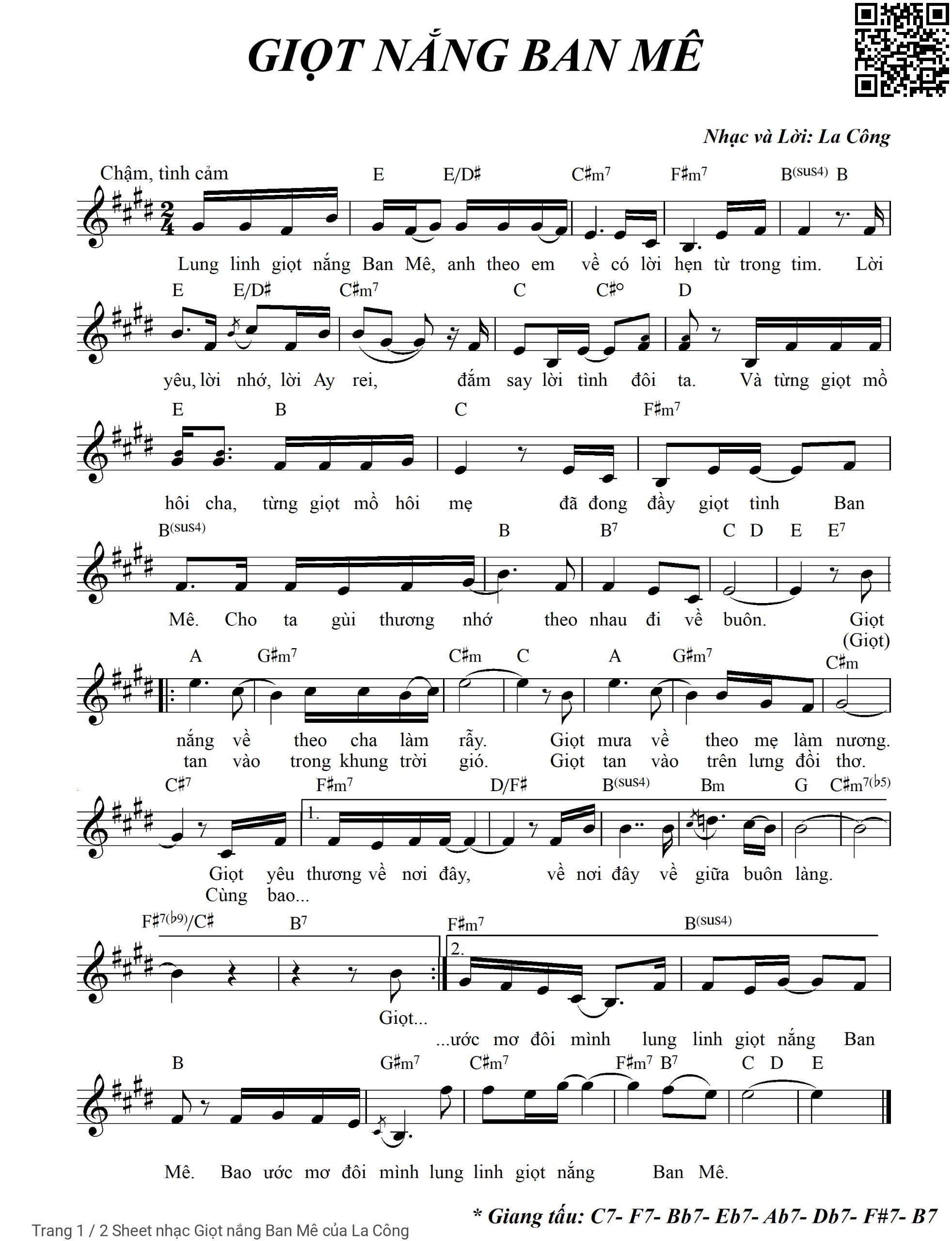 Trang 1 của Sheet nhạc PDF bài hát Giọt nắng Ban Mê - La Công