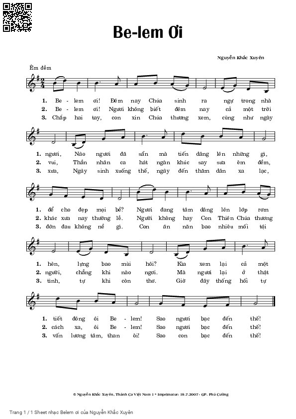 Trang 1 của Sheet nhạc PDF bài hát Belem ơi - Nguyễn Khắc Xuyên