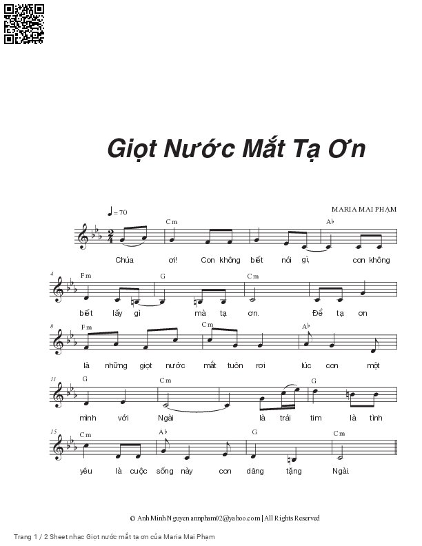 Trang 1 của Sheet nhạc PDF bài hát Giọt nước mắt tạ ơn - Maria Mai Phạm
