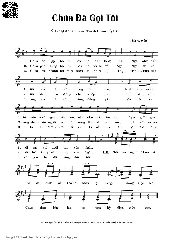 Trang 1 của Sheet nhạc PDF bài hát Chúa đã Gọi Tôi - Thái Nguyên